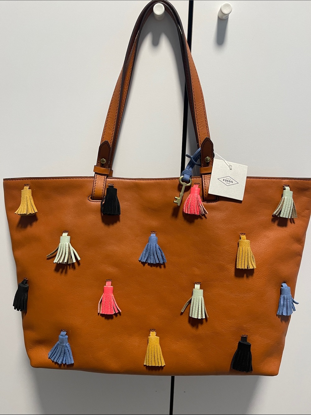Fossil Brown Leather Tote with Multicolor Tassels